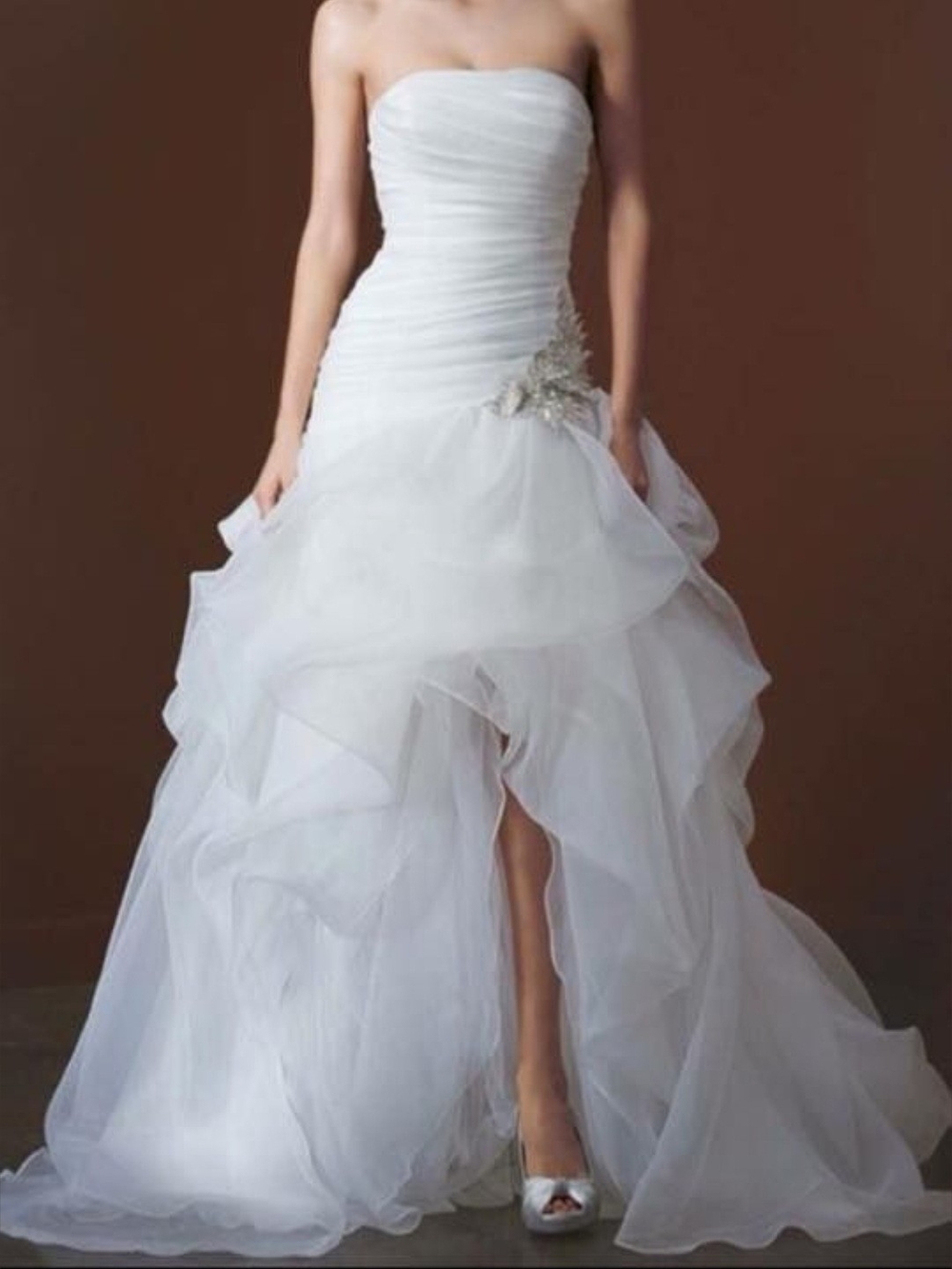 Signature Strapless White High-Low Ruffled Wedding Gown